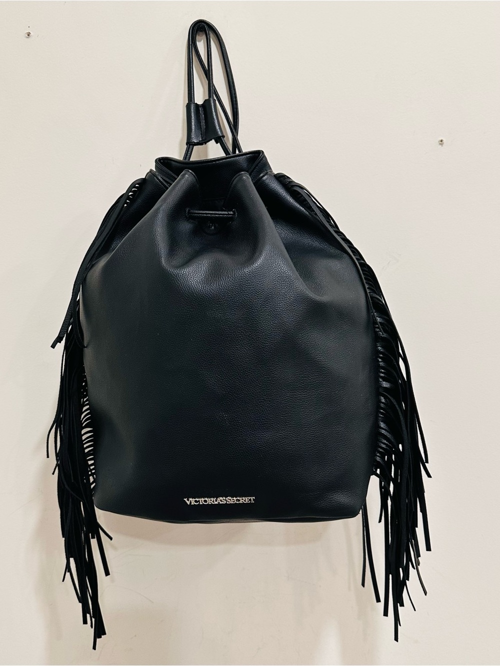 Victoria's Secret Solid Black Fringed Drawstring Backpack Bag Womens